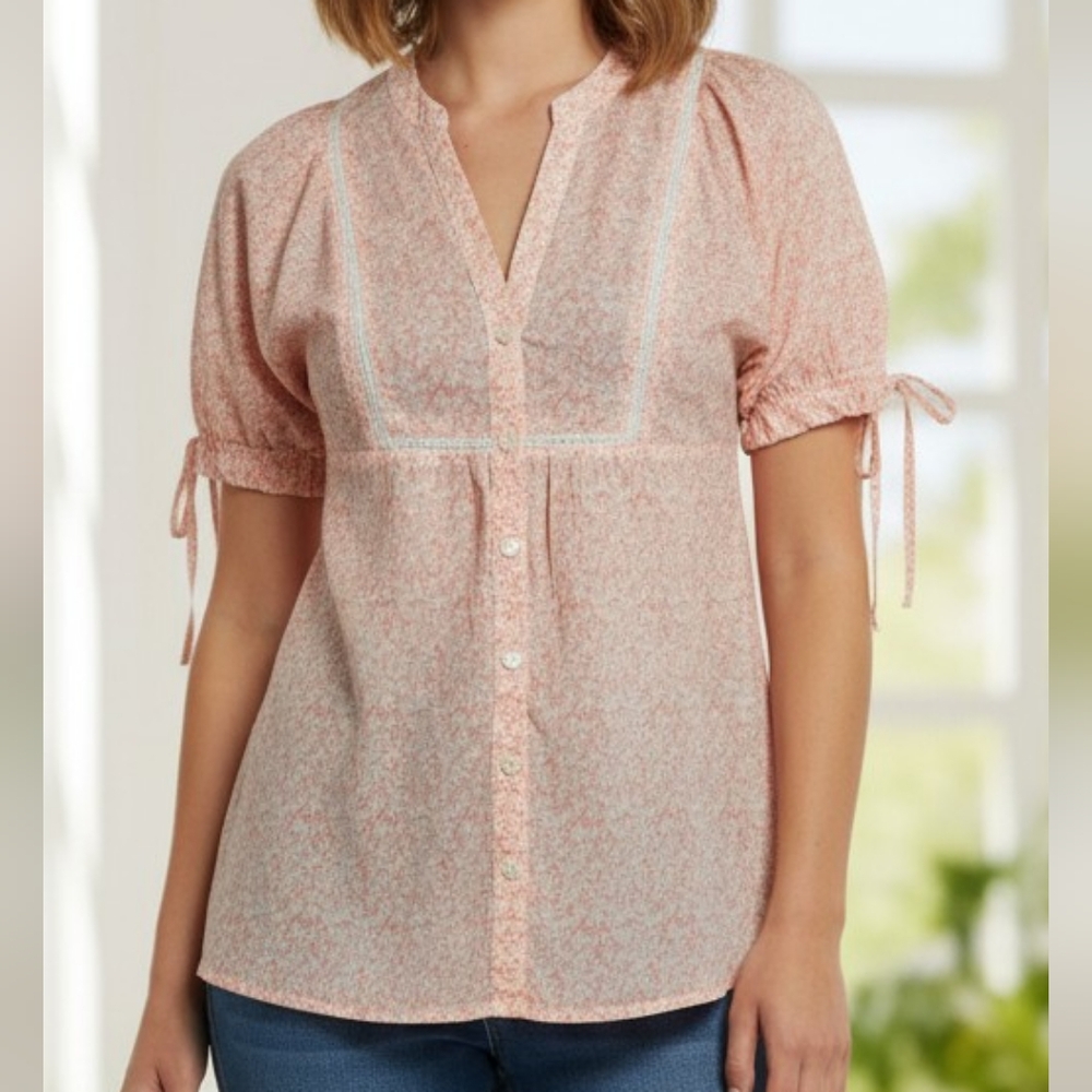 Loft Orange Delicate Print Empire Style Button Down Blouse
